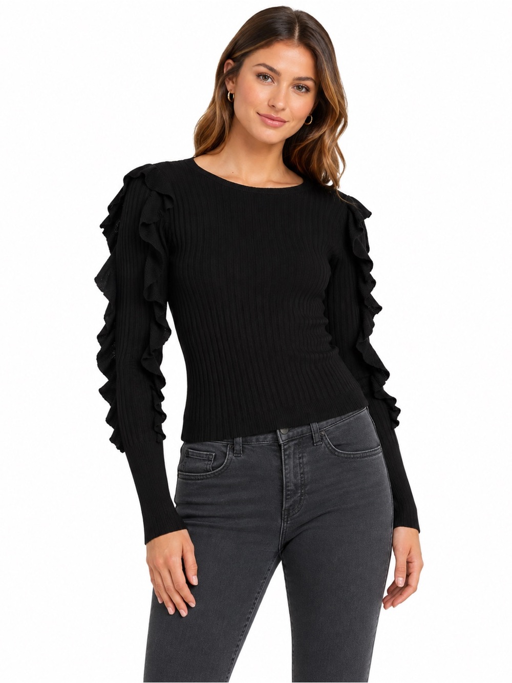 Express Black Ruffled Sleeve Ribbed Top